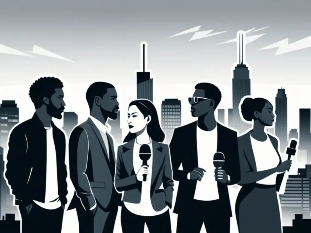 Empoderamiento vocal: diversidad unida en la ciudad Un grupo diverso de personas se unen con determinación, sosteniendo diferentes micrófonos, en un paisaje urbano