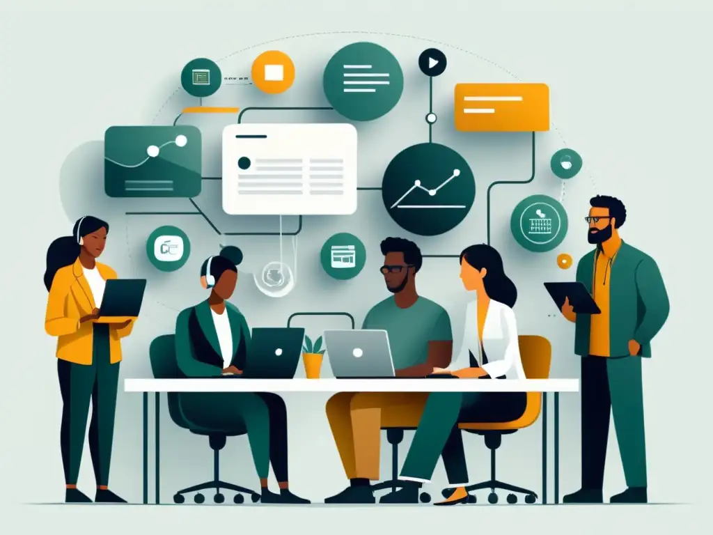 Colaboración creativa en narrativa interactiva Un grupo diverso colabora en una plataforma de creación de historias interactivas, rodeados de herramientas digitales