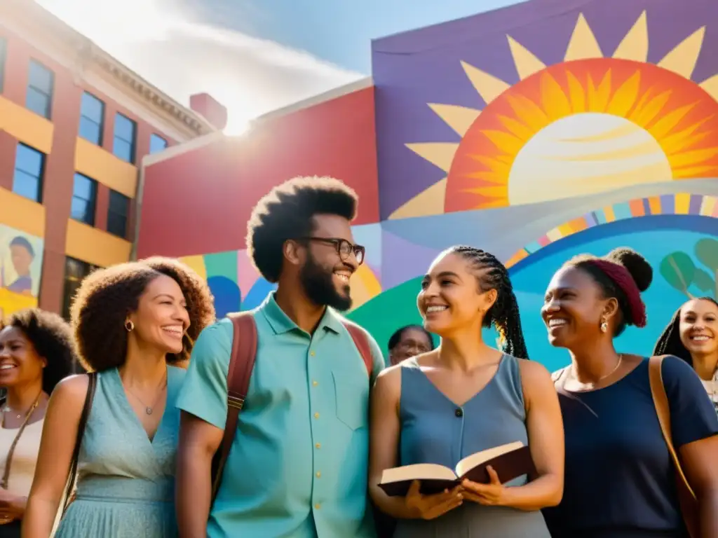 Un grupo diverso se reúne en la plaza pública, leyendo versos educativos para movilizar masas, bajo la cálida luz del sol y un mural de cambio social