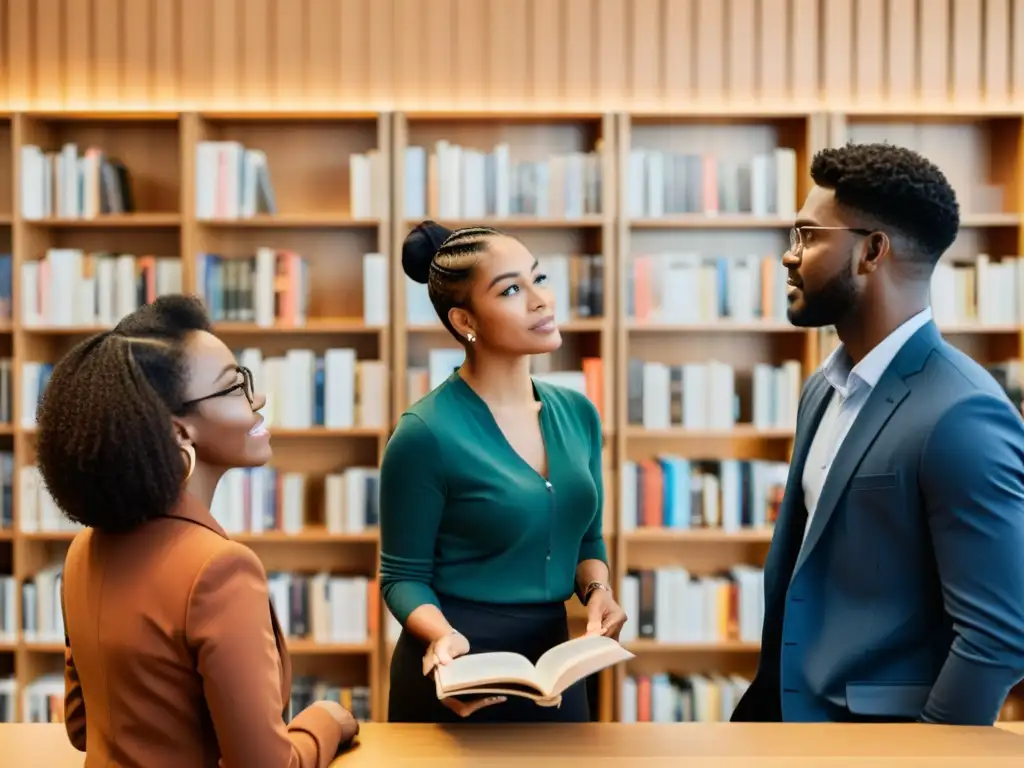 Grupo diverso debatiendo premios literarios controversiales en biblioteca moderna iluminada