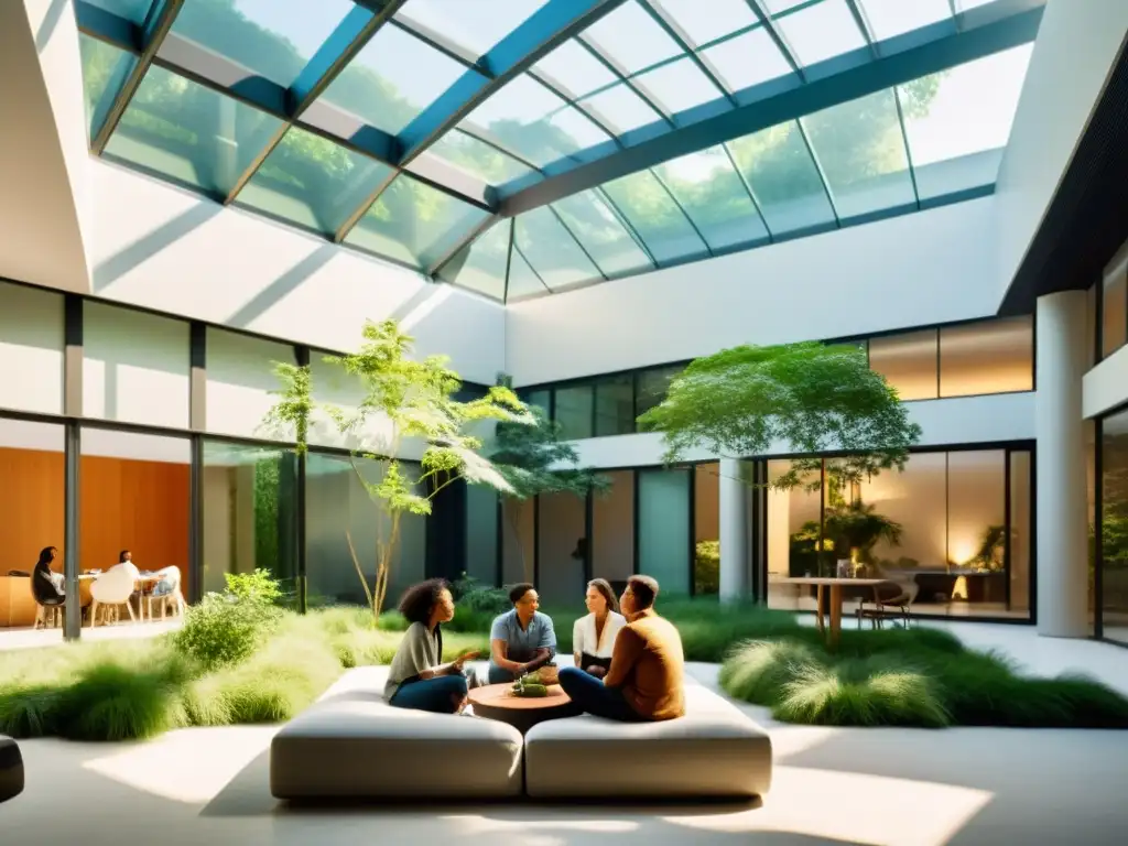 Charla animada sobre literatura fantástica en patio moderno Grupo diverso reunido en un patio moderno, discutiendo literatura de ciencia ficción en el Festival Celsius 232 Avilés enseñanzas