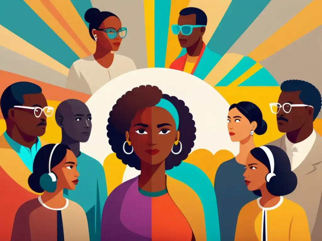 Un grupo diverso y vibrante discute en un espacio moderno, reflejando la literatura postcolonial conflicto convergencia