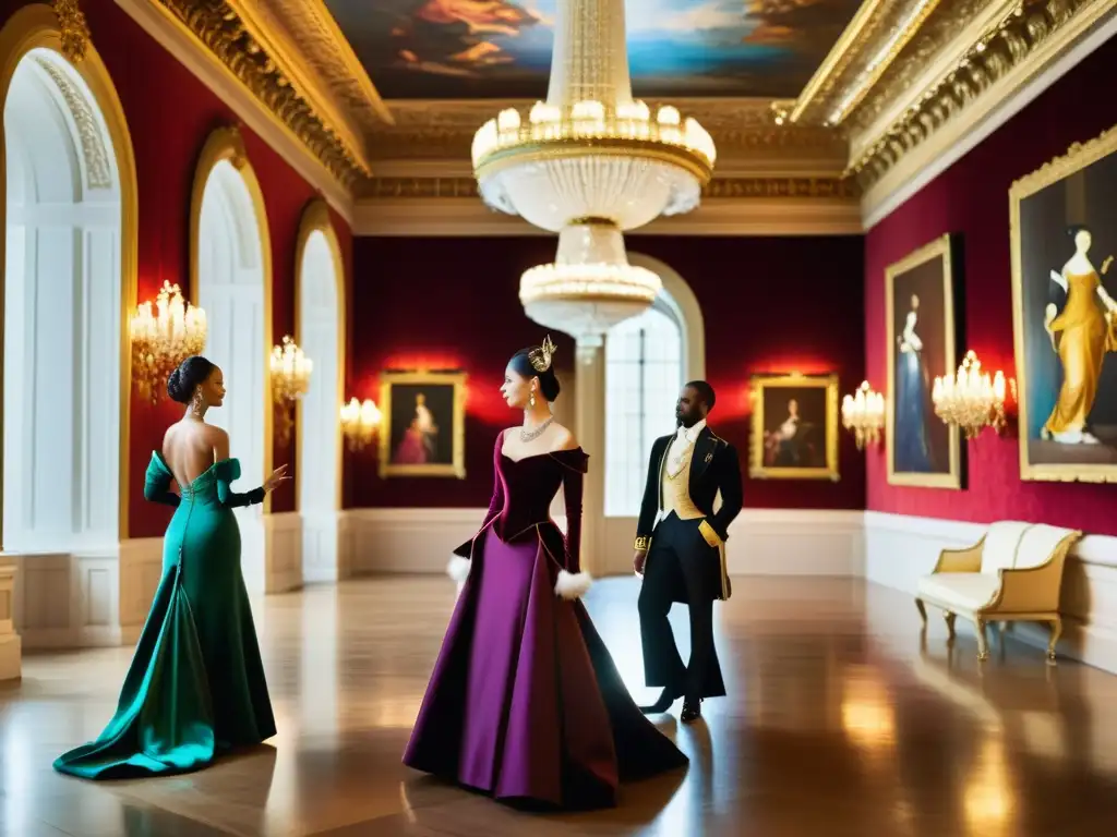 Conversaciones apasionadas en un salón manierista Grupo elegante en animada conversación en un lujoso salón, reflejando la elegancia estilística del manierismo en la literatura