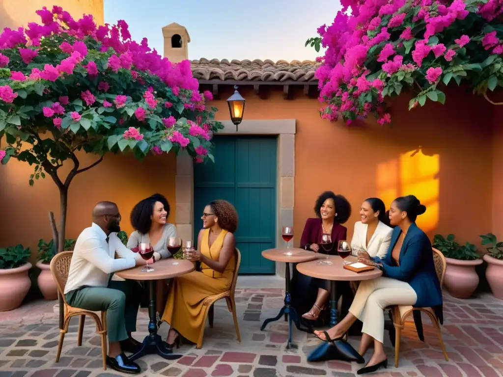 Grupo de escritores y amantes de la literatura disfrutan de una animada conversación en un patio al aire libre, rodeados de buganvilias en flor y calles empedradas históricas en el Festival de Escritores San Miguel