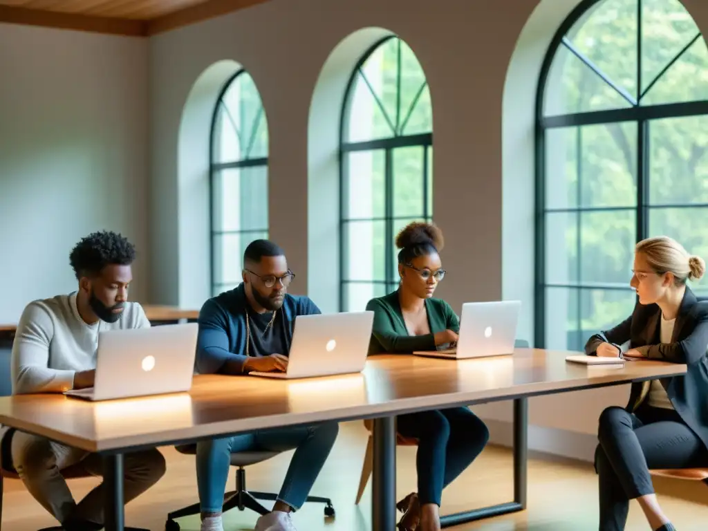 Un grupo de escritores diversos trabajando en colaboración en laptops en una mesa de conferencias moderna, bañados por luz natural