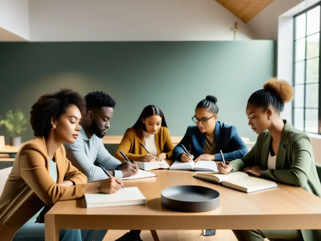 Un grupo de escritores diversos se concentra en su trabajo en un taller moderno y bien iluminado