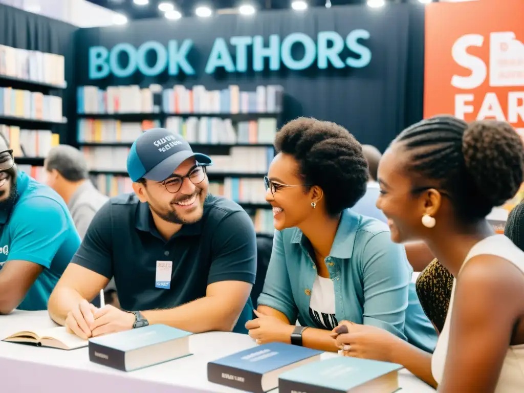 Un grupo de escritores emergentes conversa con entusiasmo con lectores en una mesa de firma en una feria del libro, rodeados de montones de sus libros