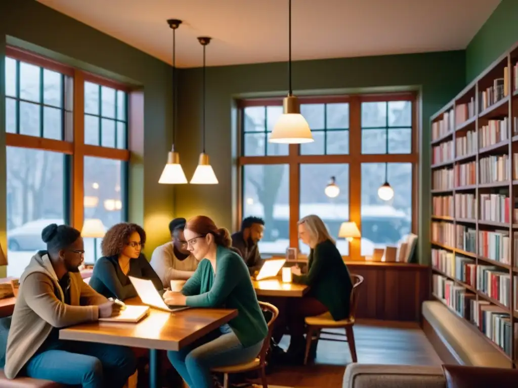 Un grupo de escritores inmersos en su trabajo en una acogedora cafetería