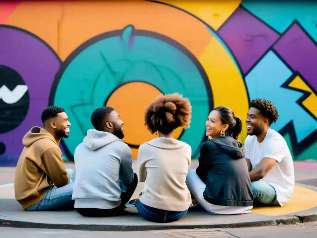 Un grupo de jóvenes conversando animadamente en círculo, rodeados de graffiti urbano y arte callejero colorido