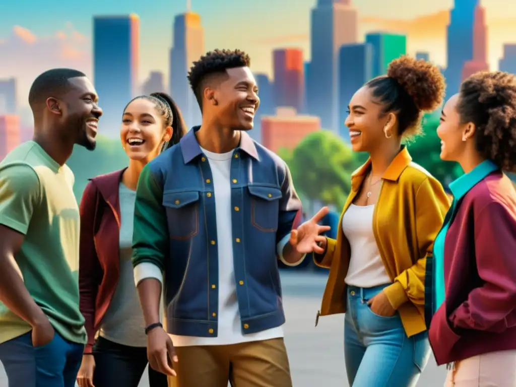 Un grupo de jóvenes diversos conversando animadamente y riendo, con un fondo de ciudad colorido