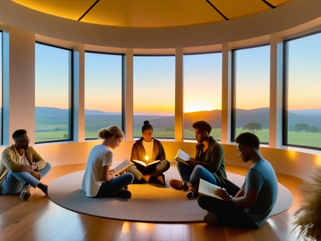 Un grupo de jóvenes escritores en un evento literario, sumergidos en la lectura bajo la cálida luz del atardecer