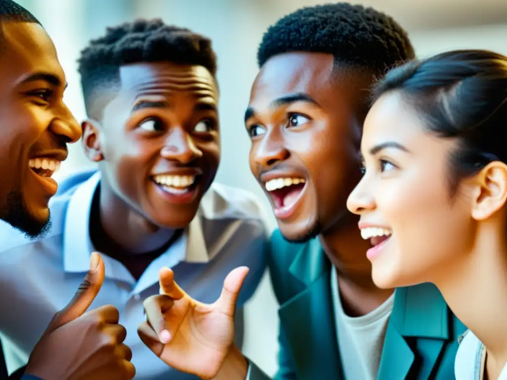 Grupo de jóvenes conversando animadamente, con expresiones y gestos únicos, en un fondo monocromático