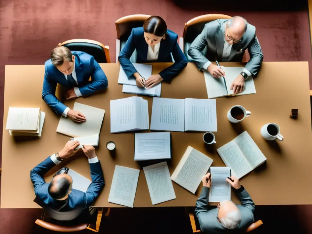 Un grupo de jueces examina con concentración los escritos para el concurso literario línea de tiempo, creando una atmósfera profesional y meticulosa