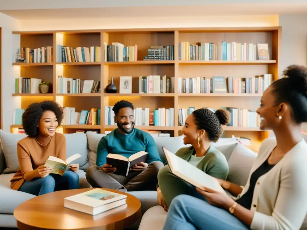 Un grupo de lectores beta y un club de lectura discuten una serie de novelas en una acogedora sala bien iluminada, con estanterías de libros de fondo