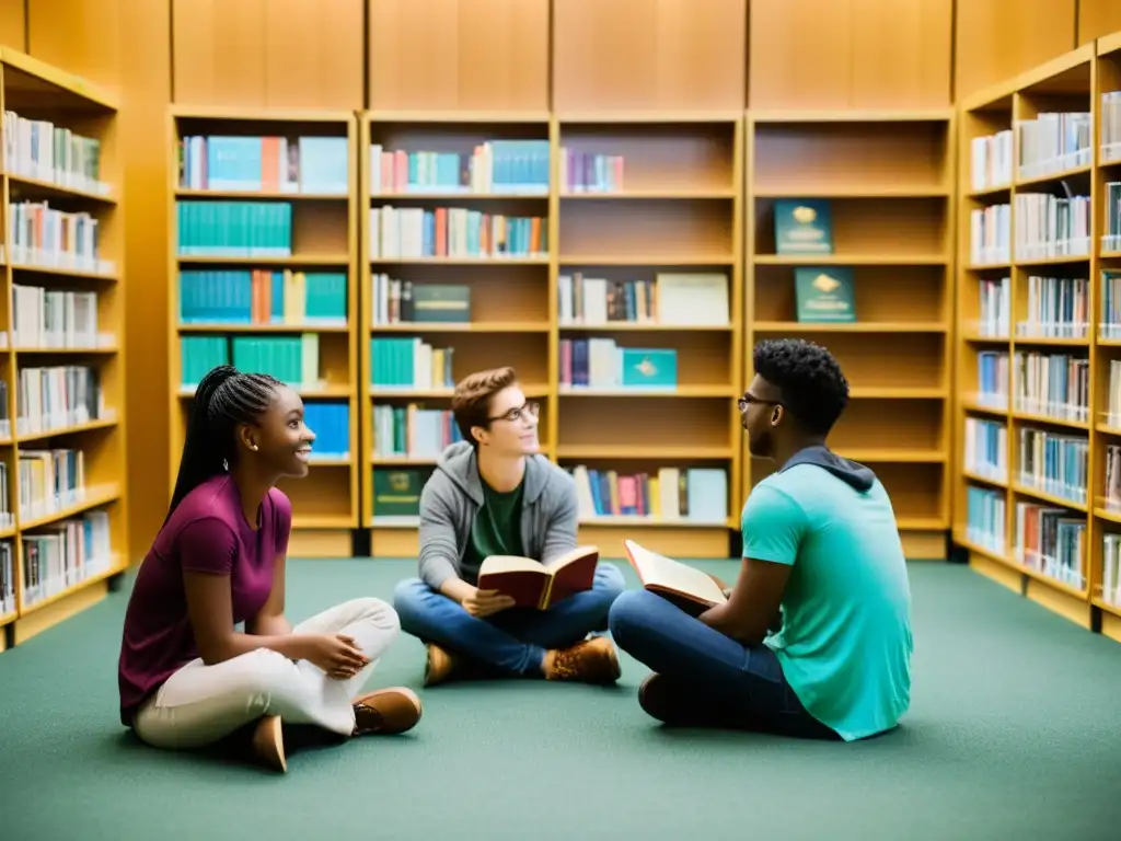 Un grupo de lectores jóvenes discuten apasionadamente su serie de libros de fantasía favorita en una biblioteca llena de luz natural y estantes ordenados