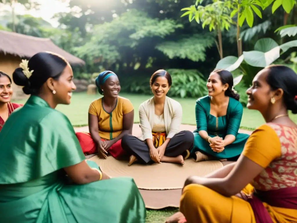 Grupo de mujeres de diferentes culturas compartiendo historias al aire libre, transmitiendo empoderamiento y preservando la narrativa postcolonial