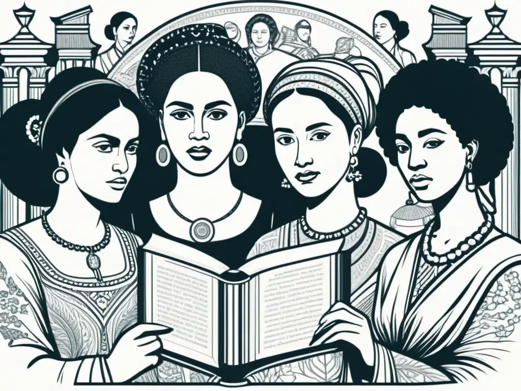 Grupo de mujeres diversas de diferentes épocas y culturas leyendo libros, rodeadas de símbolos literarios