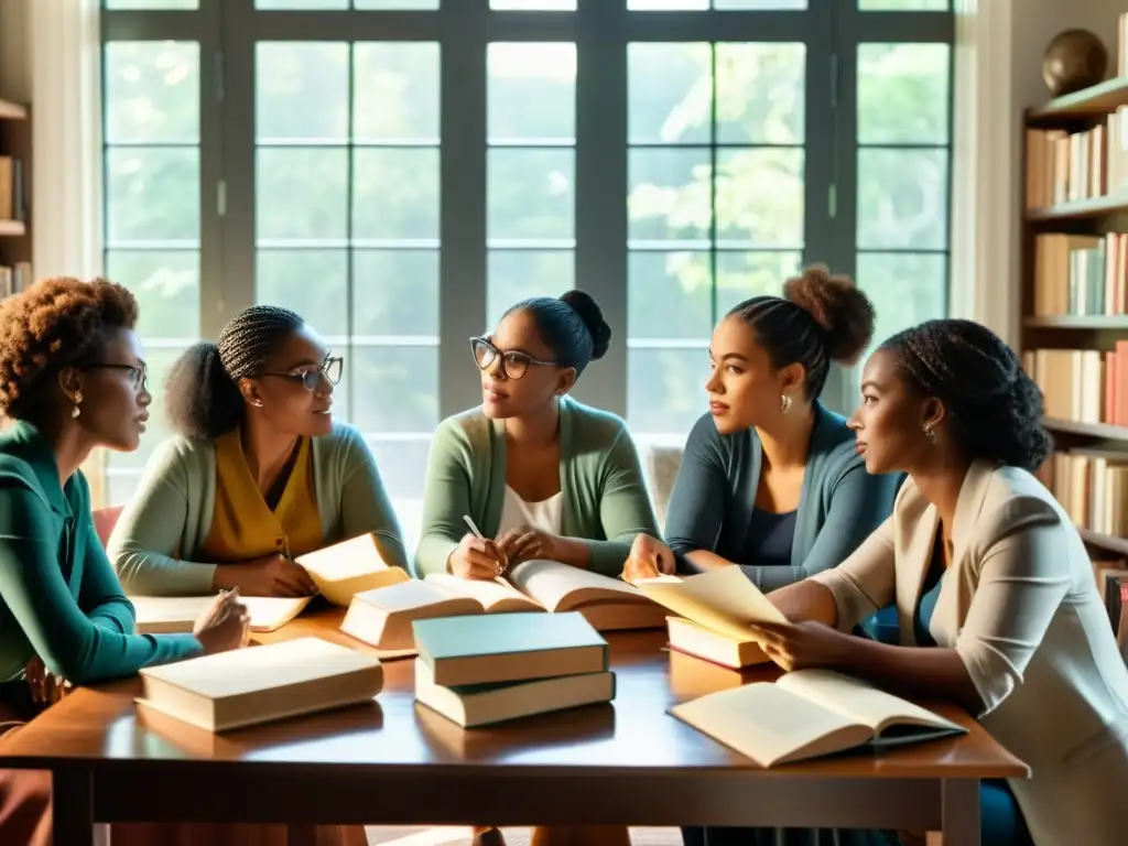 Un grupo de mujeres diversas escritoras colaborando en sus proyectos literarios, exudando confianza y autoridad mientras discuten con pasión