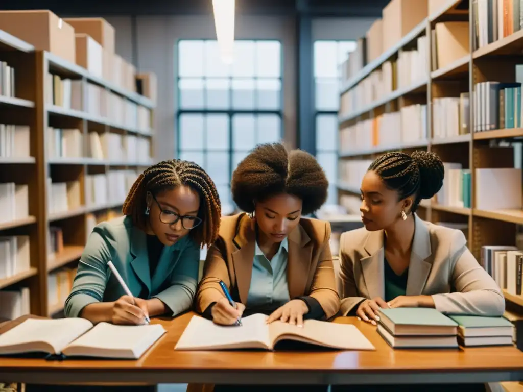 Grupo de mujeres diversas en fábrica literaria, creatividad y colaboración, perspectivas femeninas industrialización literaria