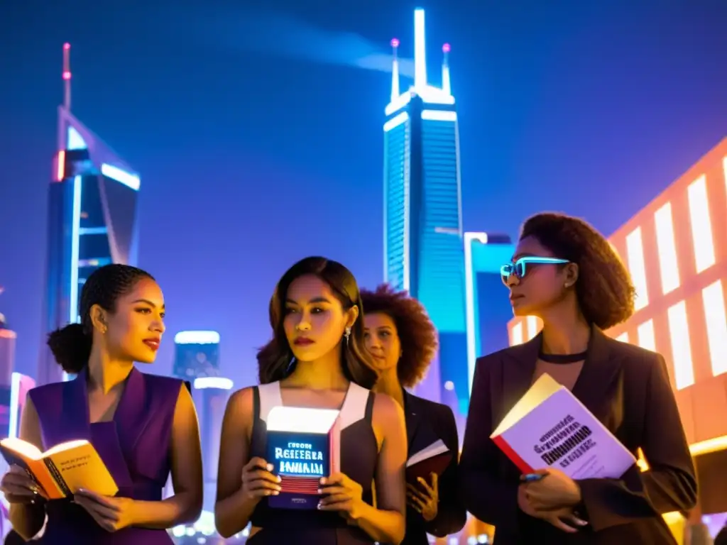 Un grupo de mujeres fuertes y empoderadas en una ciudad futurista de noche, con rascacielos iluminados por luces de neón