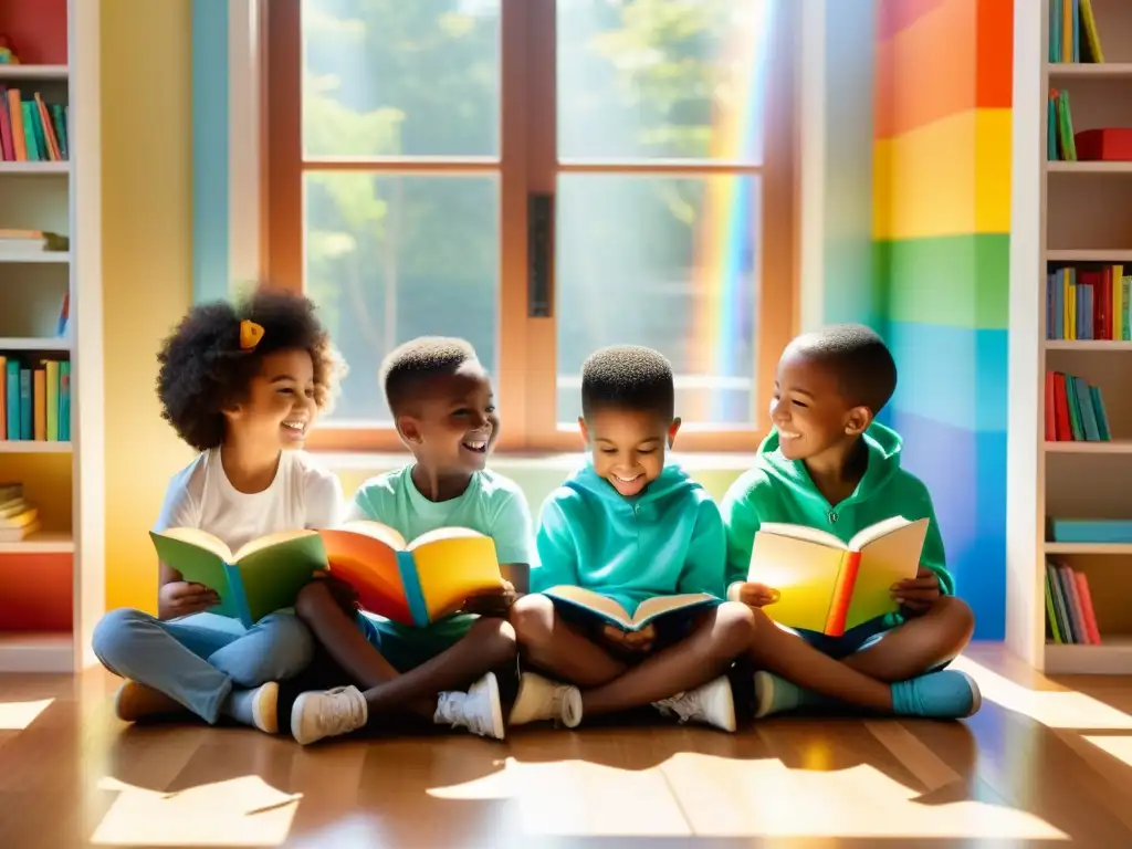 Un grupo de niños diversos leyendo juntos en la Rainbow Book Fair, mostrando la importancia de la diversidad y la educación