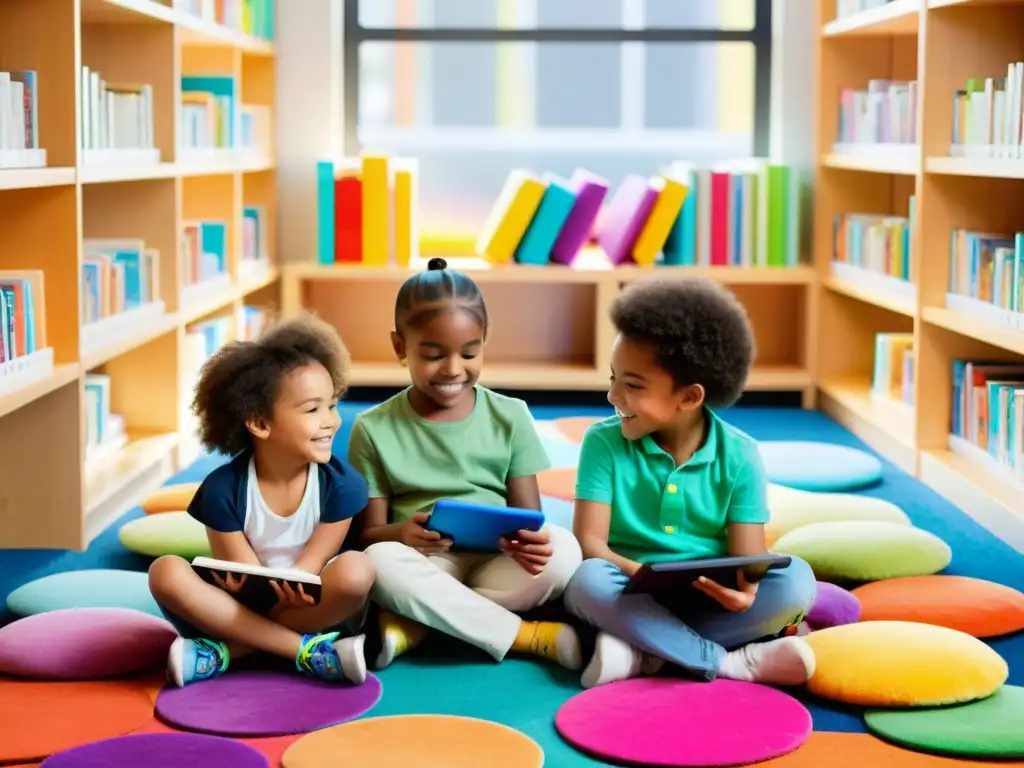 Grupo de niños diversos disfrutando la lectura digital en un ambiente cálido y acogedor, rodeados de dispositivos y libros electrónicos