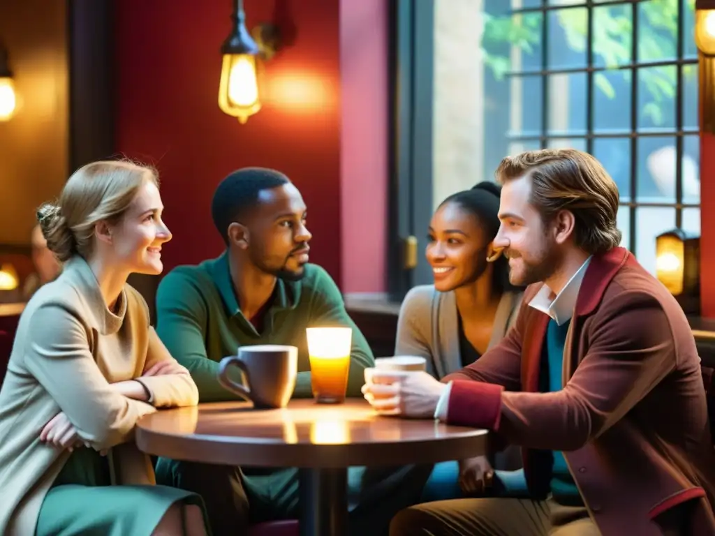 Grupo de personajes literarios en animada conversación en un café literario, transmitiendo la importancia del diálogo literario