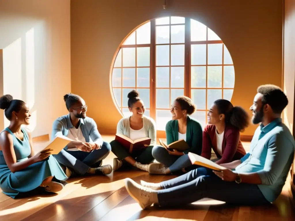 Un grupo de personas diversas se sienta en círculo, sosteniendo libros abiertos y participando en una animada discusión