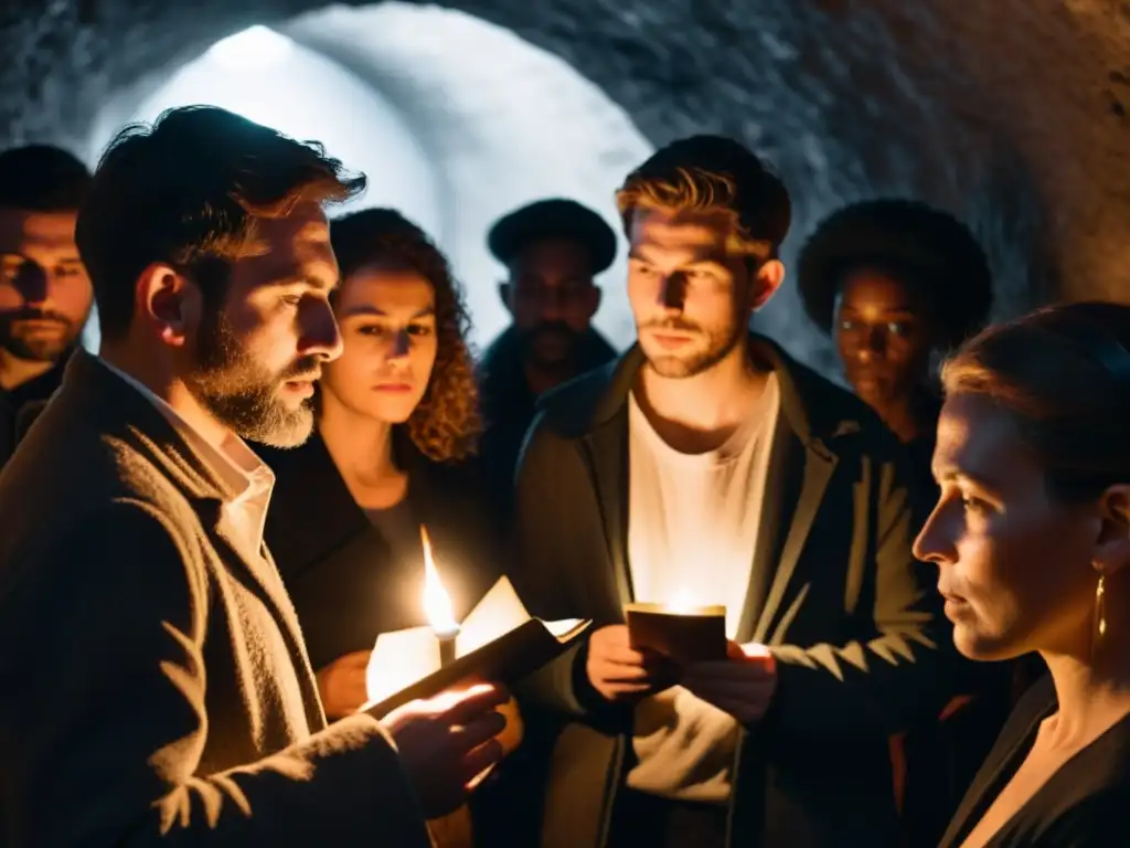 Un grupo de personas se reúne en un espacio subterráneo, iluminadas por velas, en una lectura secreta de poemas que desafiaron regímenes autoritarios