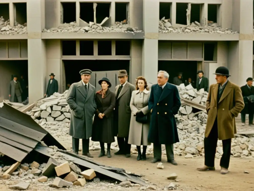 Grupo de personas en ruinas de la guerra, reflejando la dureza de la Guerra Civil Española y el contexto de 'Sira' de María Dueñas