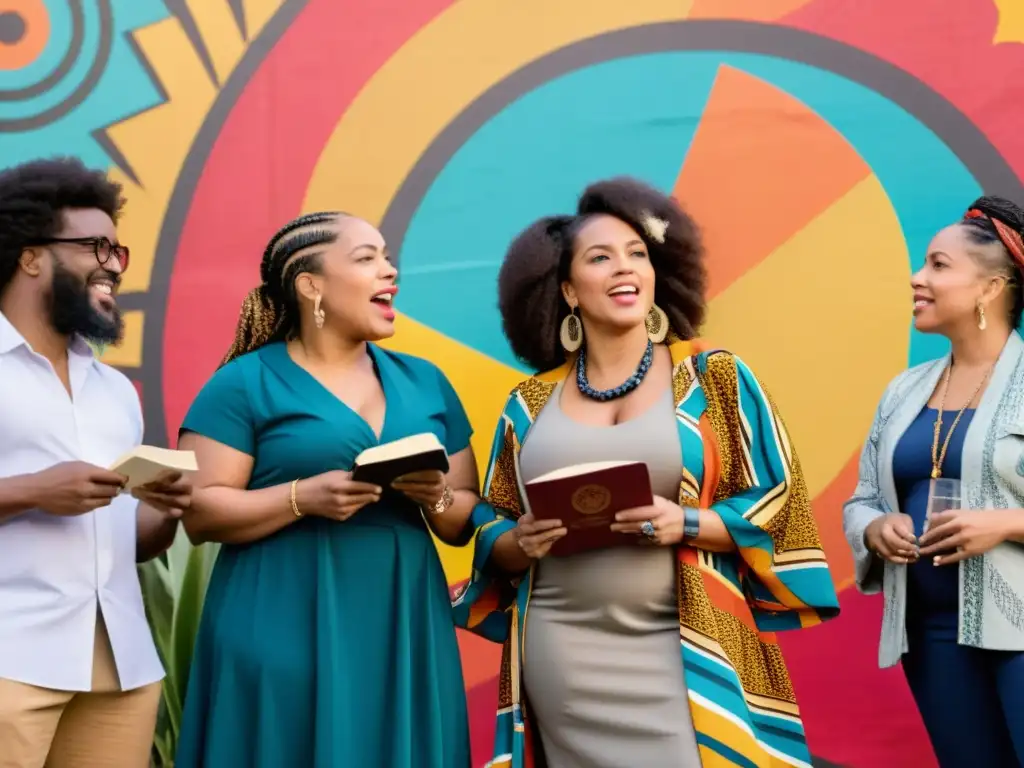 Un grupo de poetas AfroLatino recita apasionadamente en un vibrante evento de poesía al aire libre