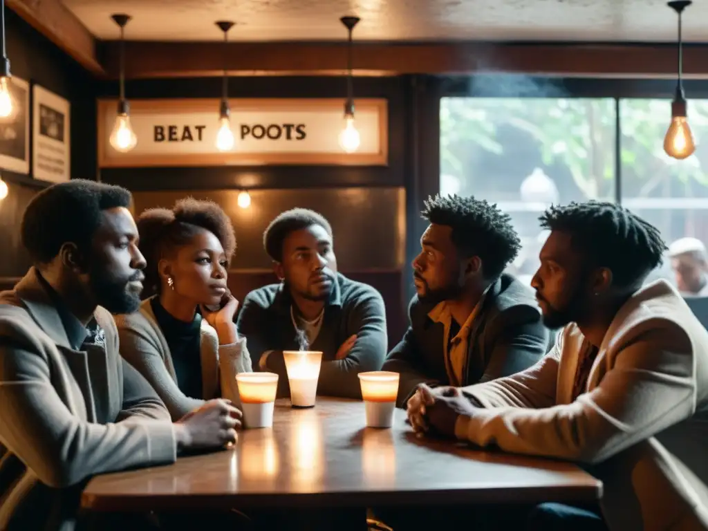 Grupo de poetas beat en animada conversación en un café subterráneo, evocando la rebelde poesía beat generación legado