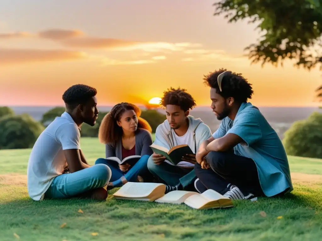 Grupo de poetas jóvenes activismo social discutiendo y escribiendo poesía en círculo en el césped al atardecer, rodeados de libros y papeles