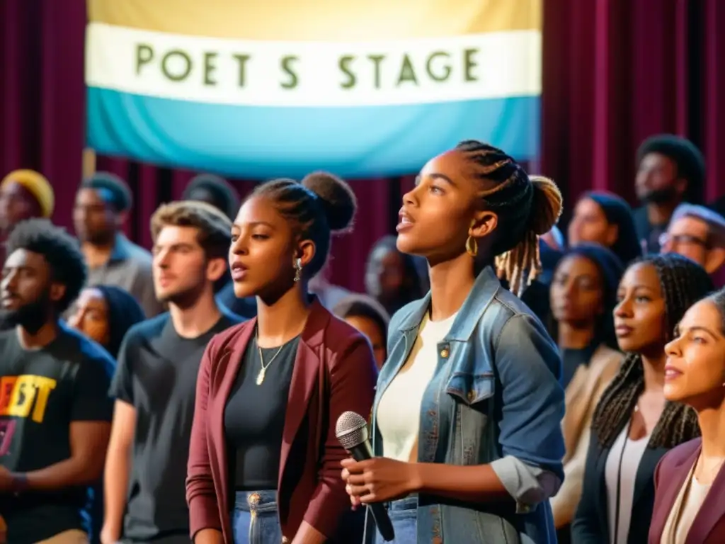 Grupo de poetas jóvenes recitando con pasión versos sobre un escenario, rodeados de pancartas de protesta y un público atento