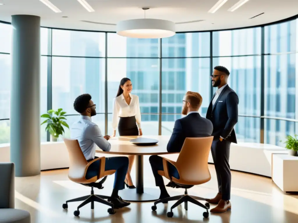 Un grupo de profesionales discutiendo animadamente en una oficina moderna