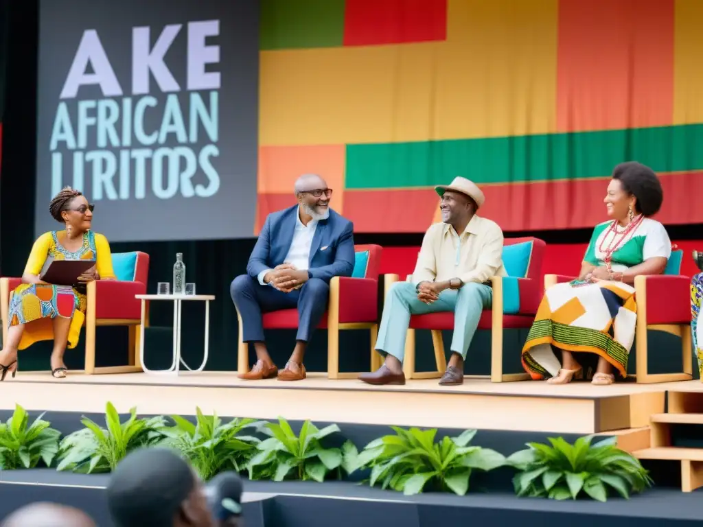 Un grupo de renombrados autores africanos y poetas comparten sus experiencias en el vibrante Festival Aké, rodeados de coloridas telas africanas y arte tradicional