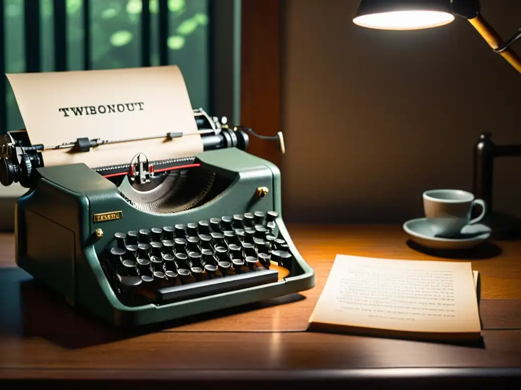 Una habitación con una antigua máquina de escribir en un escritorio de madera