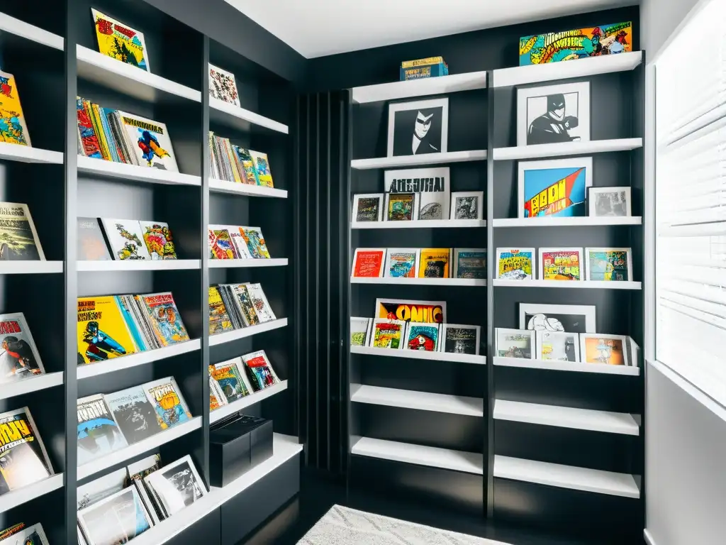 Una habitación minimalista de coleccionista de cómics en blanco y negro, exhibiendo estantes modernos llenos de cómics vintage