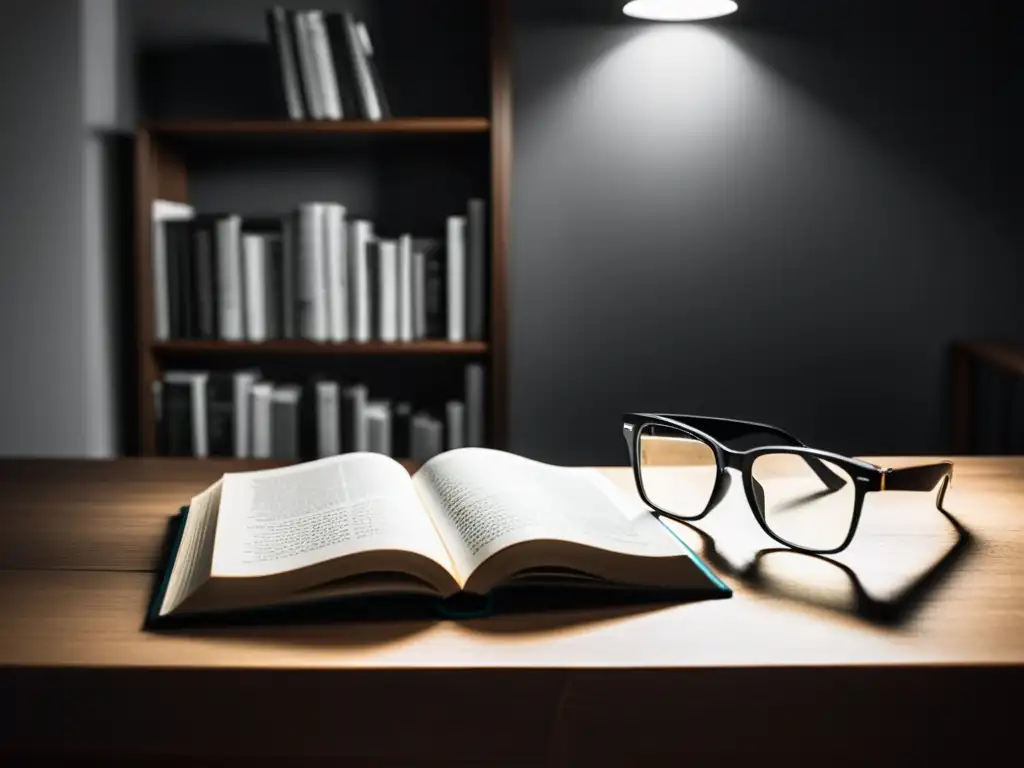 Una habitación minimalista iluminada, con un libro abierto y gafas, evoca análisis literario El enigma habitación 622