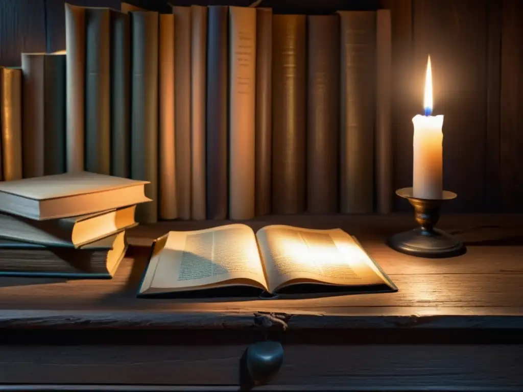 Una habitación tenue iluminada por una vela parpadeante en una mesa de madera antigua