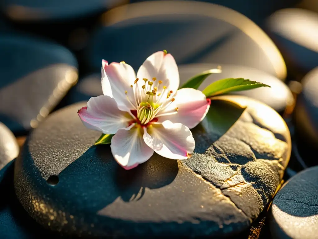 Una hermosa flor de cerezo reposa sobre una superficie de piedra, iluminada por el sol