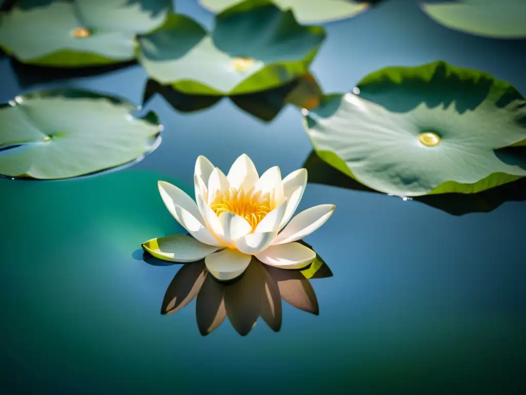 Una hermosa flor de loto flotando en un estanque tranquilo, irradiando misticismo y religión en Siddhartha con su atmósfera serena y contemplativa