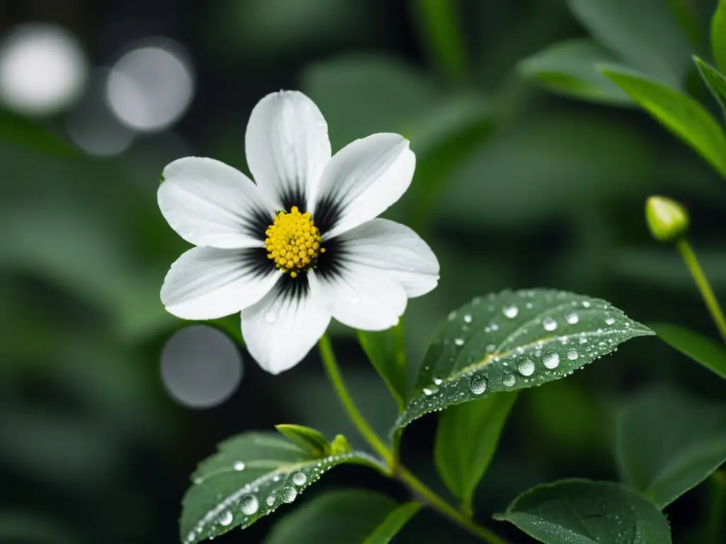 Una hermosa flor silvestre cubierta de rocío en blanco y negro, detalle naturalista poético obra Rosalía Castro