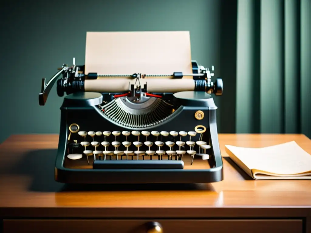 Una hermosa imagen de una máquina de escribir vintage en un escritorio moderno, iluminada por luz natural