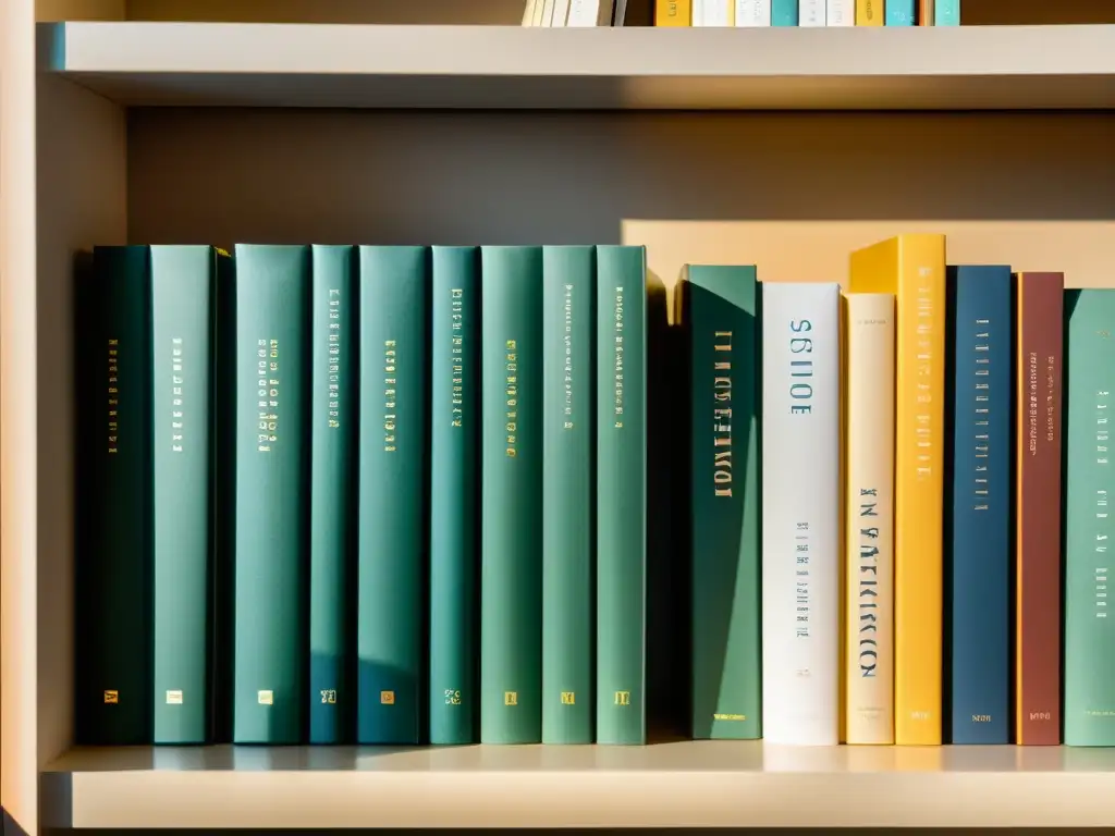 Una hermosa imagen de una pila de libros autónomos con elegantes portadas, organizados en una estantería moderna