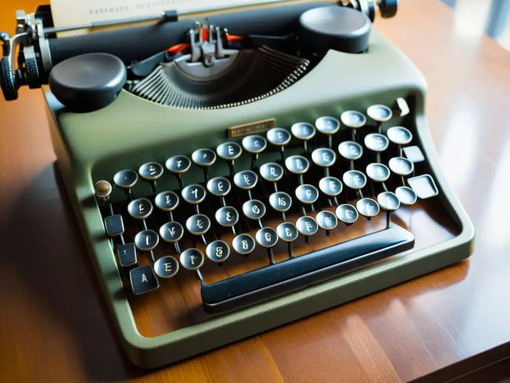 Antigua máquina de escribir en un moderno entorno luminoso Una hermosa máquina de escribir vintage con desgaste, bañada en cálida luz natural