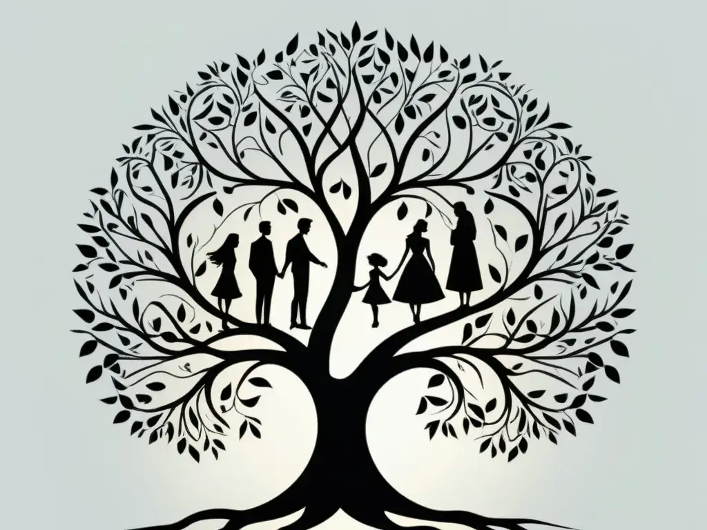 Una hermosa ilustración minimalista del árbol genealógico de la familia Buendía, representando el realismo mágico en Cien Años de Soledad con detalles etéreos y ramas entrelazadas