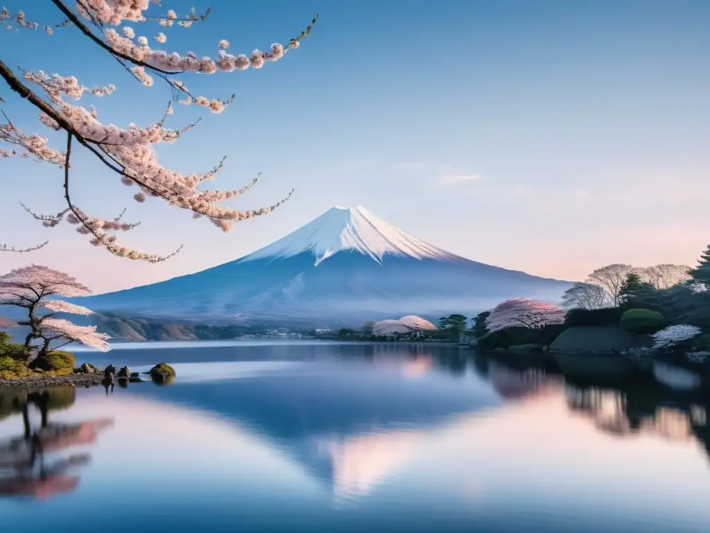 Una hermosa pintura de tinta que captura la esencia de la poesía japonesa y la modernidad occidental, con el Monte Fuji, cerezos y un lago sereno