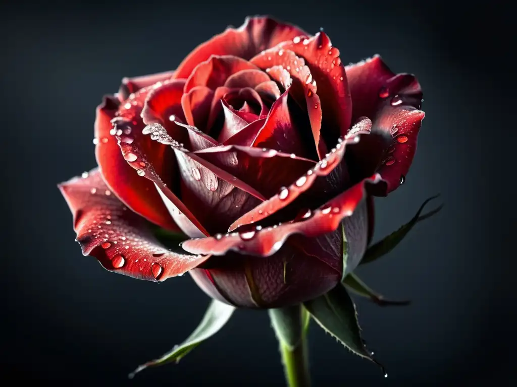 Una hermosa rosa roja con gotas de agua sobre sus pétalos, en un fondo oscuro y sereno, ideal para identificar y analizar metáforas literarias