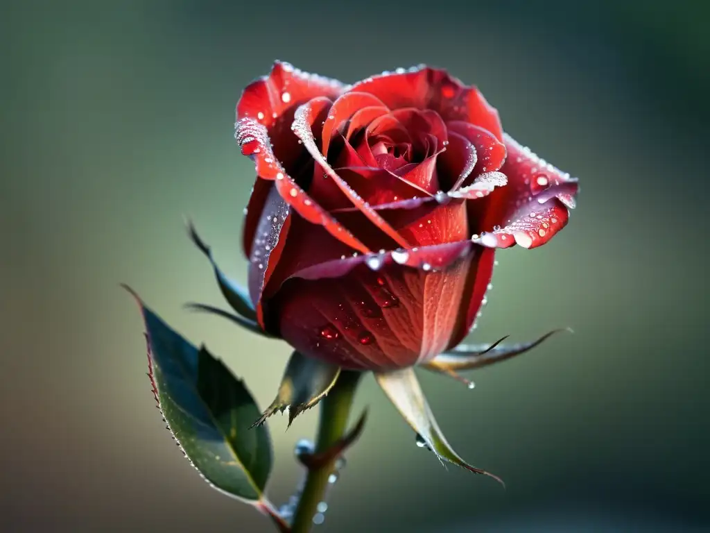 Una hermosa rosa roja con gotas de rocío, evocando la poesía femenina y la crítica social en su delicadeza y elegancia